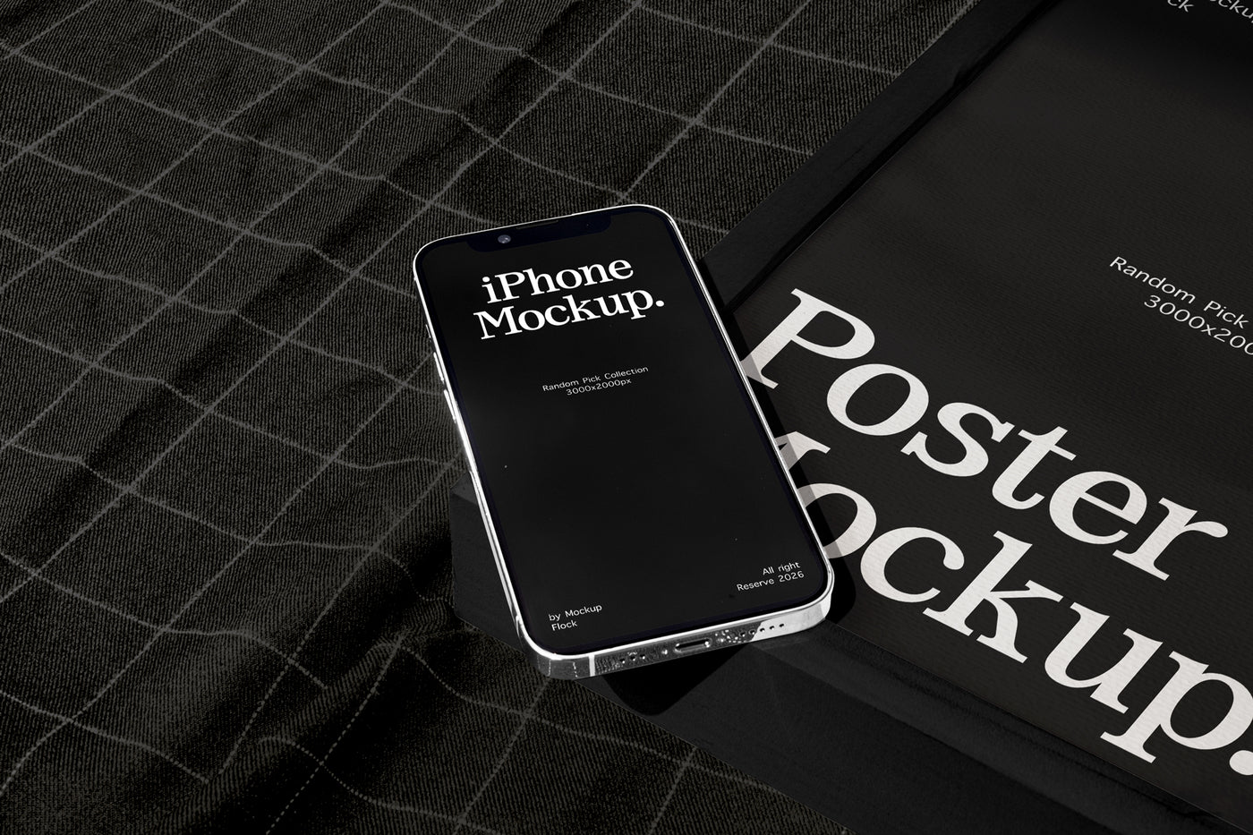 A smartphone mockup with a black screen displaying 'iPhone Mockup.' lies on a dark plaid fabric surface next to a black poster mockup cover with large white text.