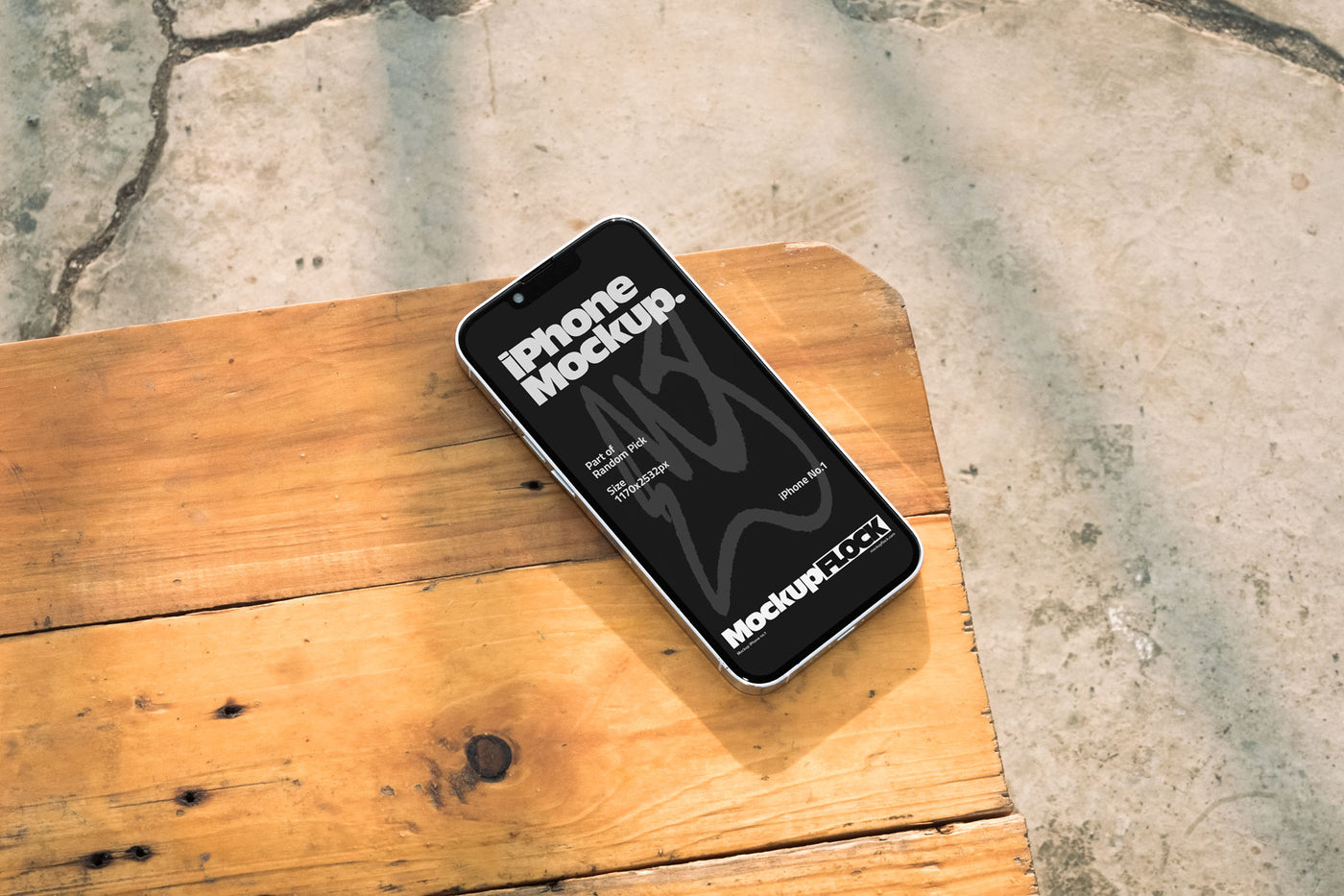 Realistic black iPhone mockup resting on a bright outdoor wooden bench with soft natural lighting and shadows