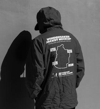 A person viewed from behind wearing a dark hooded jacket mockup with white printed graphics and text on the back, standing against a gray wall with a strong shadow cast to the left.
