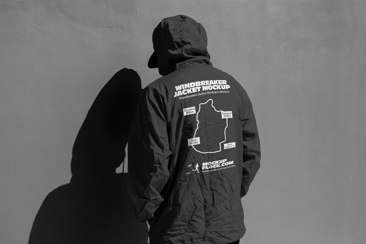 A person viewed from behind wearing a dark hooded jacket mockup with white printed graphics and text on the back, standing against a gray wall with a strong shadow cast to the left.