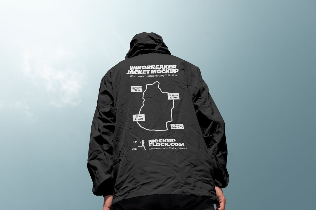 Black hooded windbreaker jacket mockup back view against sky background