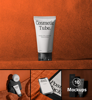A promotional collage showing a white cosmetic tube labeled 'Cosmetic Tube' on an orange textured background, with three smaller mockup panels below showing the tube in different styled arrangements and a badge reading '10 Mockups'.