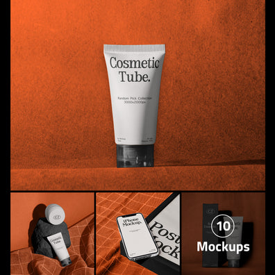 A promotional collage showing a white cosmetic tube labeled 'Cosmetic Tube' on an orange textured background, with three smaller mockup panels below showing the tube in different styled arrangements and a badge reading '10 Mockups'.