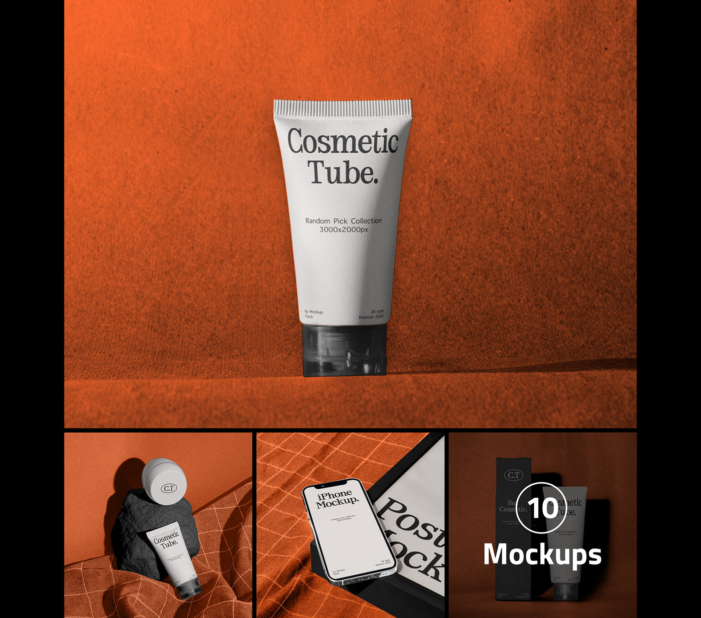 A promotional collage showing a white cosmetic tube labeled 'Cosmetic Tube' on an orange textured background, with three smaller mockup panels below showing the tube in different styled arrangements and a badge reading '10 Mockups'.