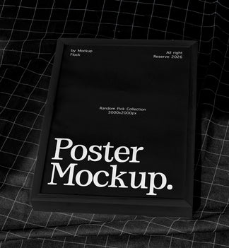 A black poster mockup frame with white text reading 'Poster Mockup.' placed on a dark gridded fabric surface.
