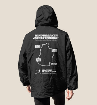 Black hooded windbreaker jacket mockup back view on a neutral studio background