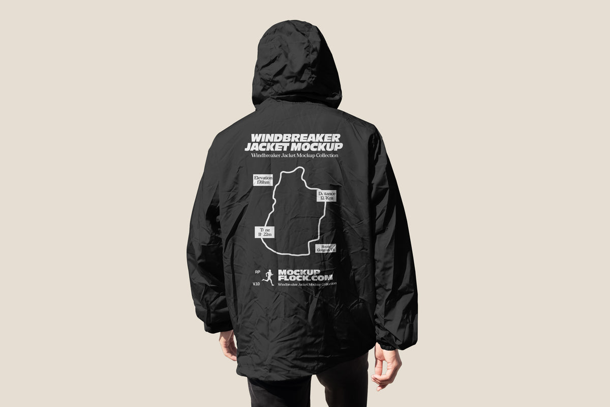 Black hooded windbreaker jacket mockup back view on a neutral studio background