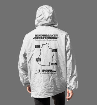White hooded windbreaker jacket mockup back view on a neutral studio background