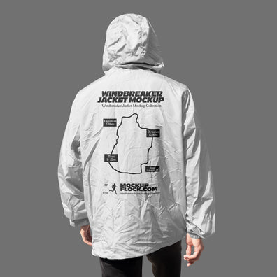 White hooded windbreaker jacket mockup back view on a neutral studio background