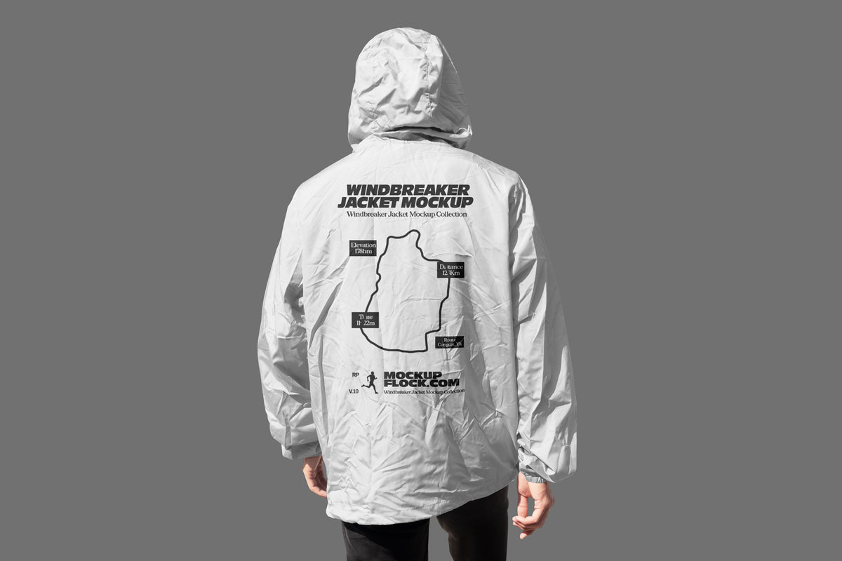 White hooded windbreaker jacket mockup back view on a neutral studio background