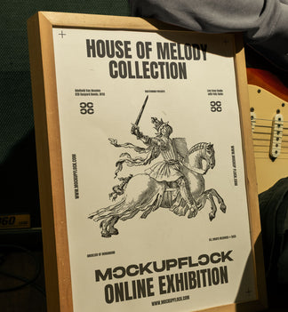 Close up free wooden frame poster mockup leaning on wall with guitar and amp background - MockupFlock