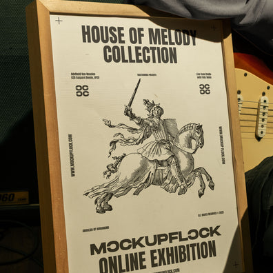 Close up free wooden frame poster mockup leaning on wall with guitar and amp background - MockupFlock