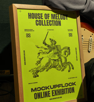 Close up free wooden frame poster mockup leaning on wall with guitar and amp background - MockupFlock