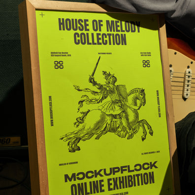 Close up free wooden frame poster mockup leaning on wall with guitar and amp background - MockupFlock