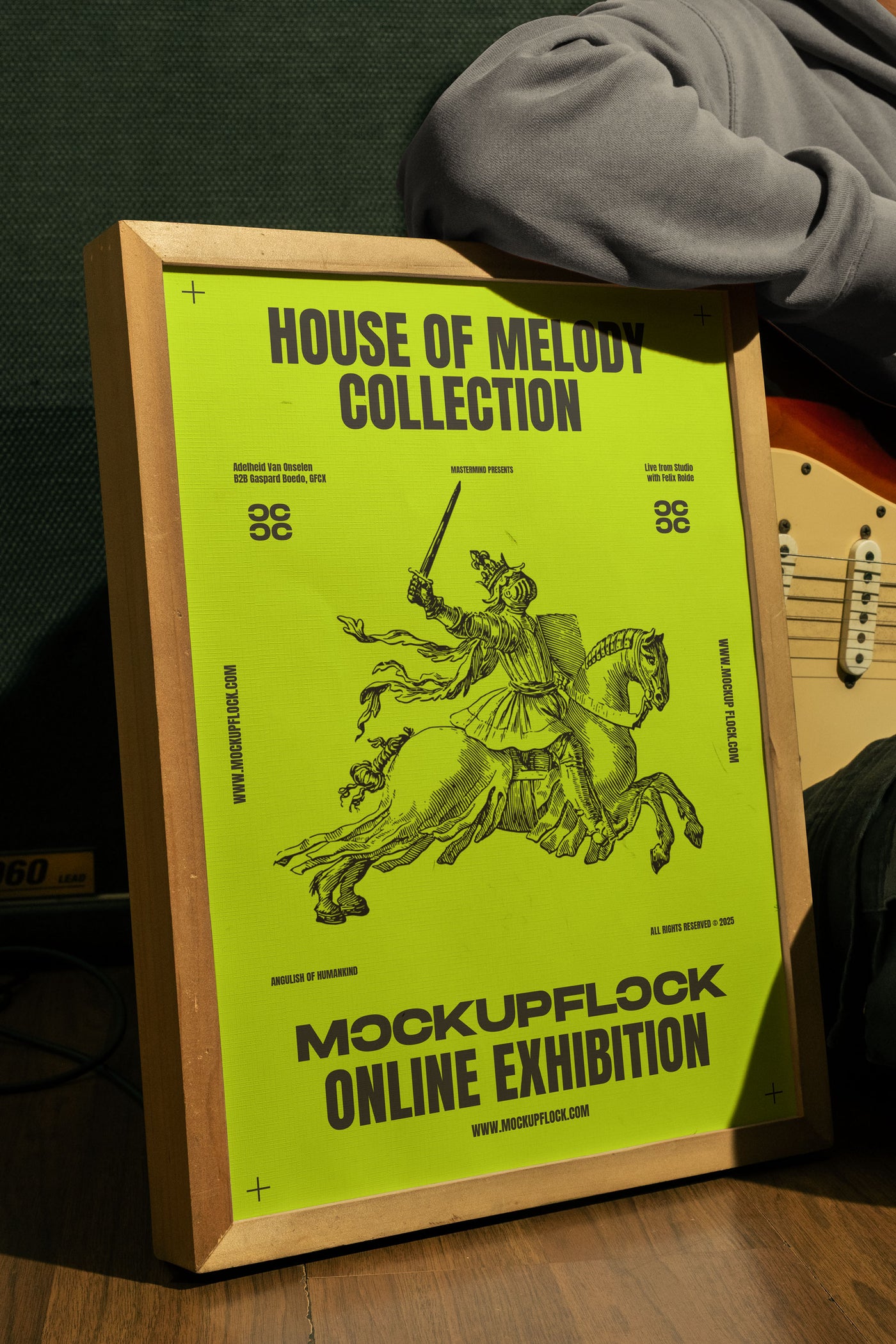 Close up free wooden frame poster mockup leaning on wall with guitar and amp background - MockupFlock