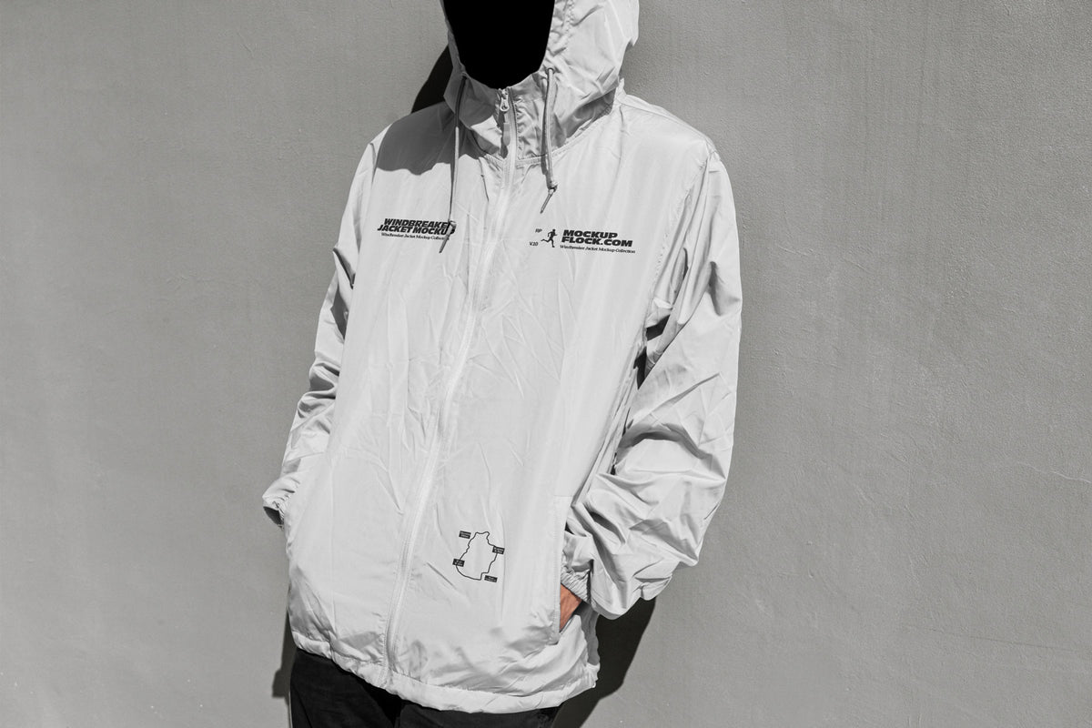 A white hooded windbreaker jacket mockup with black graphic prints on the chest, modeled on a black mannequin against a textured gray wall.