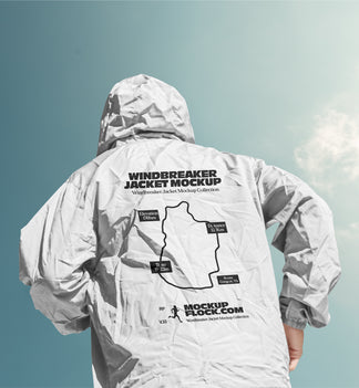 Black hooded jacket mockup back view against a gradient blue sky with clouds