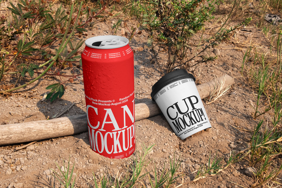 Red aluminum can and white paper coffee cup mockup placed on dry dirt ground with wild plants in the background