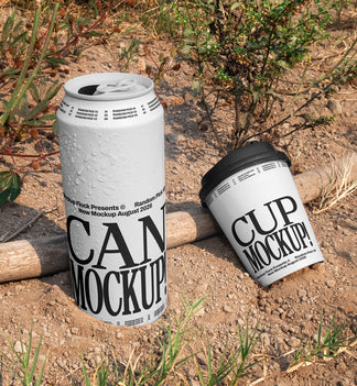 White aluminum can and white paper coffee cup mockup placed on dry dirt ground with wild plants in the background