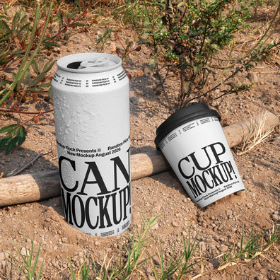 White aluminum can and white paper coffee cup mockup placed on dry dirt ground with wild plants in the background