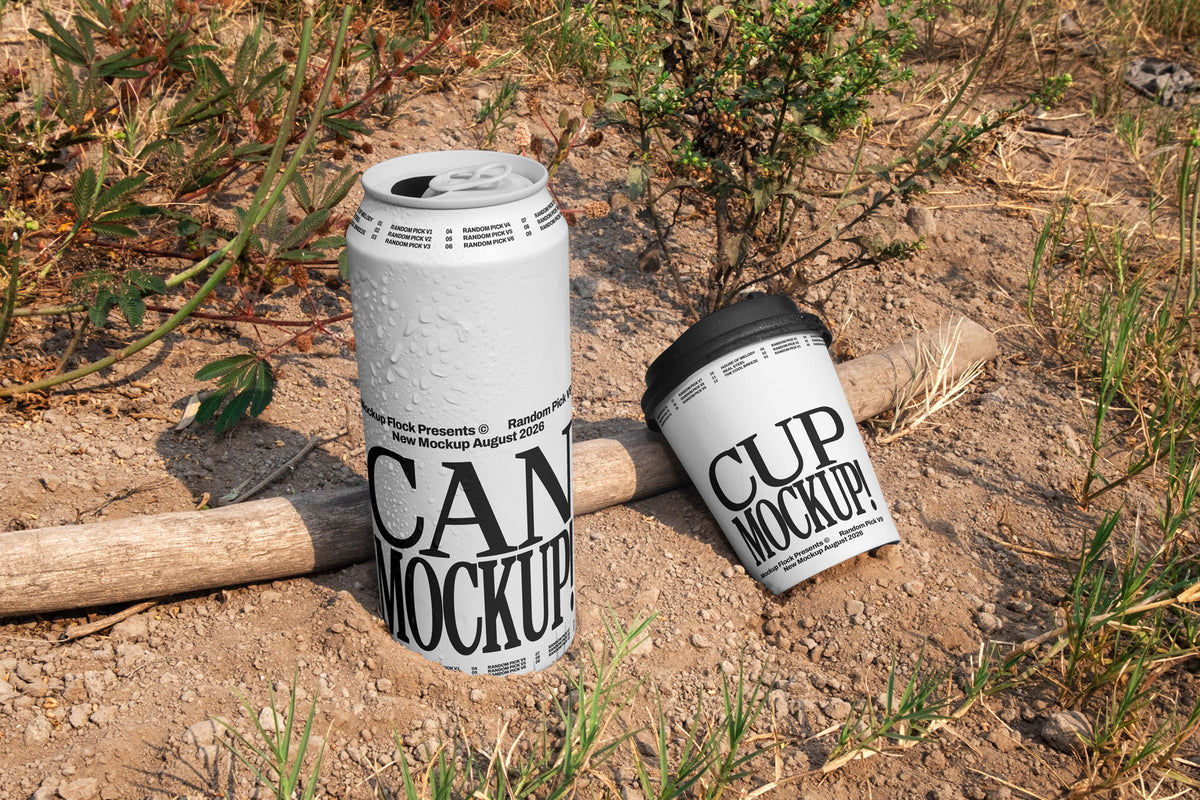 White aluminum can and white paper coffee cup mockup placed on dry dirt ground with wild plants in the background