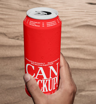 Hand holding a red beverage can mockup upright against a sand dune background, lifestyle mockup