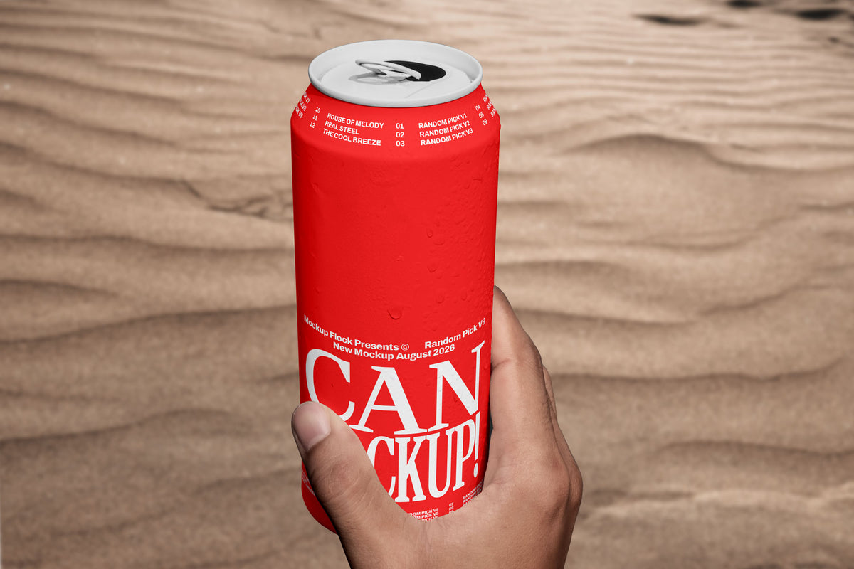 Hand holding a red beverage can mockup upright against a sand dune background, lifestyle mockup