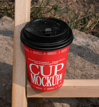 Red paper coffee cup mockup with black lid placed on a wooden fence beam with rocky dirt background outdoors
