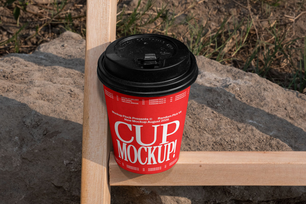 Red paper coffee cup mockup with black lid placed on a wooden fence beam with rocky dirt background outdoors