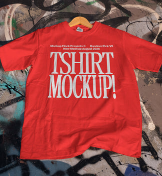 Red t-shirt mockup hanging on a wooden hanger against a colorful graffiti wall, apparel mockup