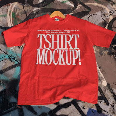 Red t-shirt mockup hanging on a wooden hanger against a colorful graffiti wall, apparel mockup