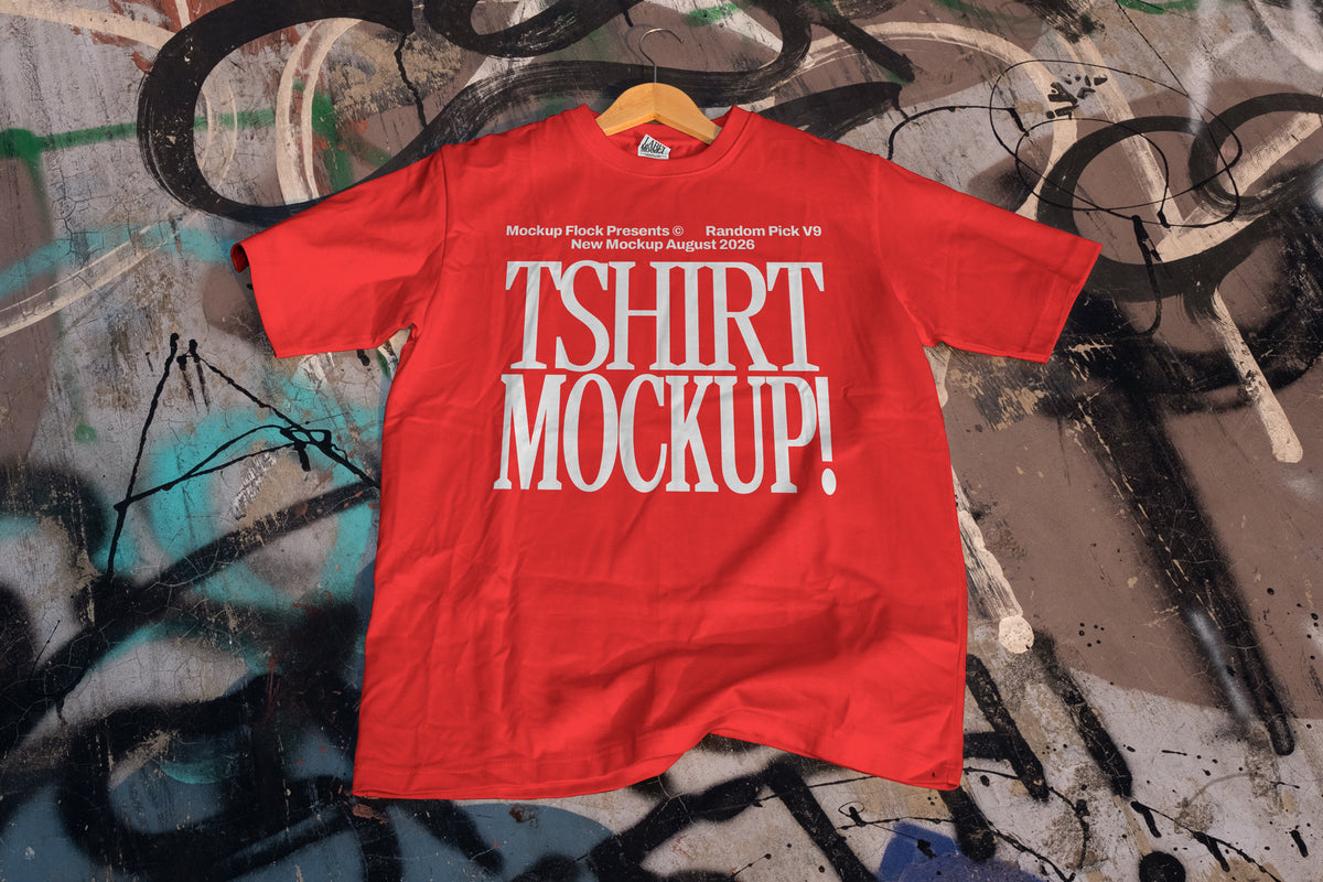 Red t-shirt mockup hanging on a wooden hanger against a colorful graffiti wall, apparel mockup