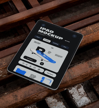 iPad mockup lying at an angle on rusty industrial metal grates outdoors, screen displaying app UI design, dark urban street style