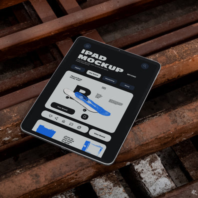 iPad mockup lying at an angle on rusty industrial metal grates outdoors, screen displaying app UI design, dark urban street style