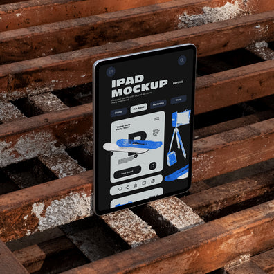 iPad standing upright on rusty industrial metal pallets outdoors displaying app UI design, dark urban industrial style photography