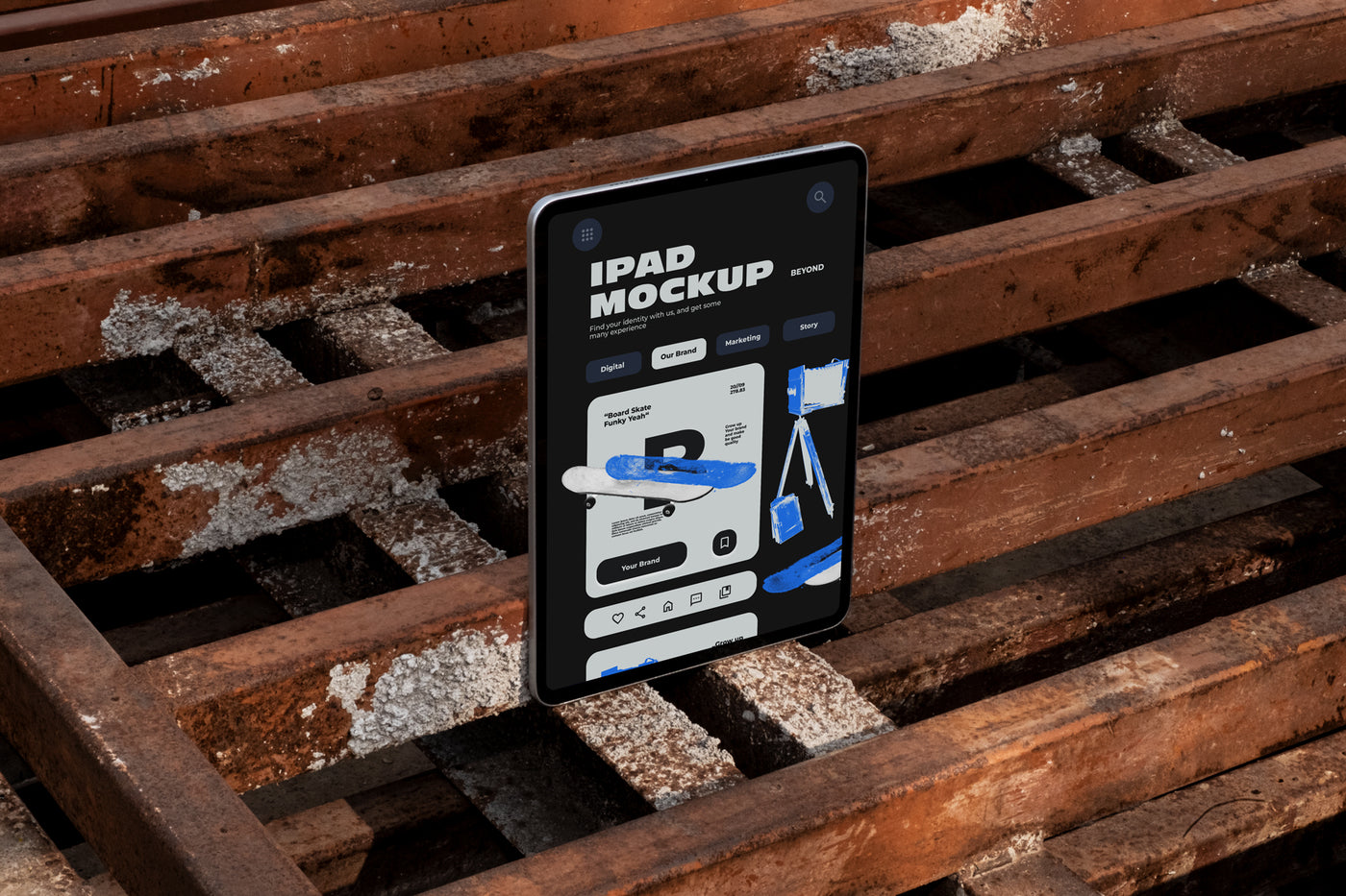 iPad standing upright on rusty industrial metal pallets outdoors displaying app UI design, dark urban industrial style photography