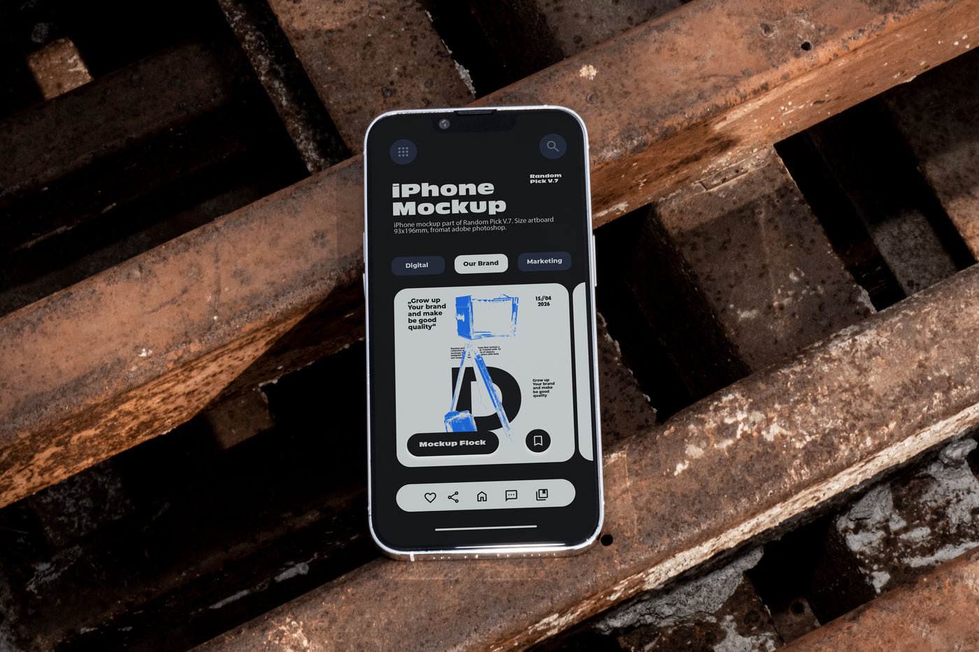 iPhone lying flat face-up on rusty industrial metal grates outdoors in bright daylight, showing app UI mockup design, dark urban industrial style