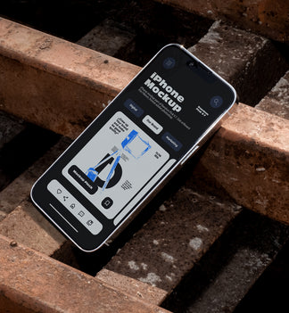 iPhone mockup lying tilted diagonally on rusty metal industrial grates outdoors in harsh daylight, showing app UI design, urban street style