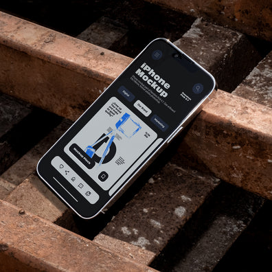 iPhone mockup lying tilted diagonally on rusty metal industrial grates outdoors in harsh daylight, showing app UI design, urban street style