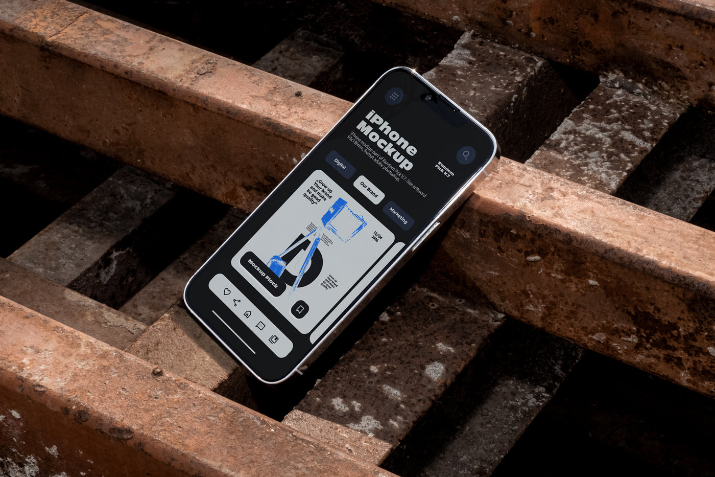 iPhone mockup lying tilted diagonally on rusty metal industrial grates outdoors in harsh daylight, showing app UI design, urban street style