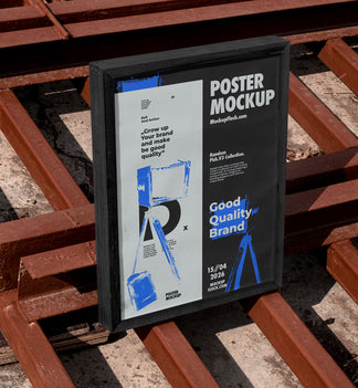 Black framed poster mockup standing upright on rusty industrial metal grates outdoors in harsh sunlight, bold two-panel graphic design, urban street aesthetic