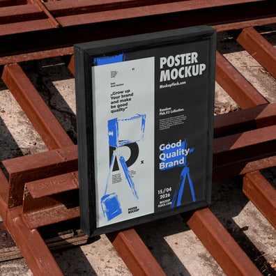 Black framed poster mockup standing upright on rusty industrial metal grates outdoors in harsh sunlight, bold two-panel graphic design, urban street aesthetic