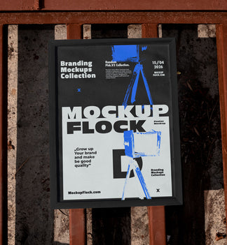 Framed poster mockup mounted on a rusty industrial metal fence outdoors in bright sunlight, bold black and white design with blue accents, urban street style branding