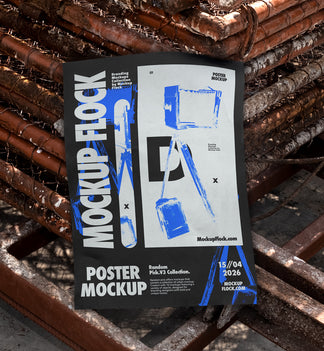 Unframed paper poster mockup lying flat on rusty industrial metal grates outdoors in bright daylight, bold black and blue graphic design, urban street style