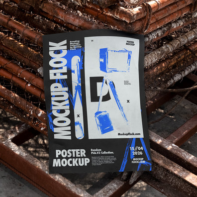 Unframed paper poster mockup lying flat on rusty industrial metal grates outdoors in bright daylight, bold black and blue graphic design, urban street style