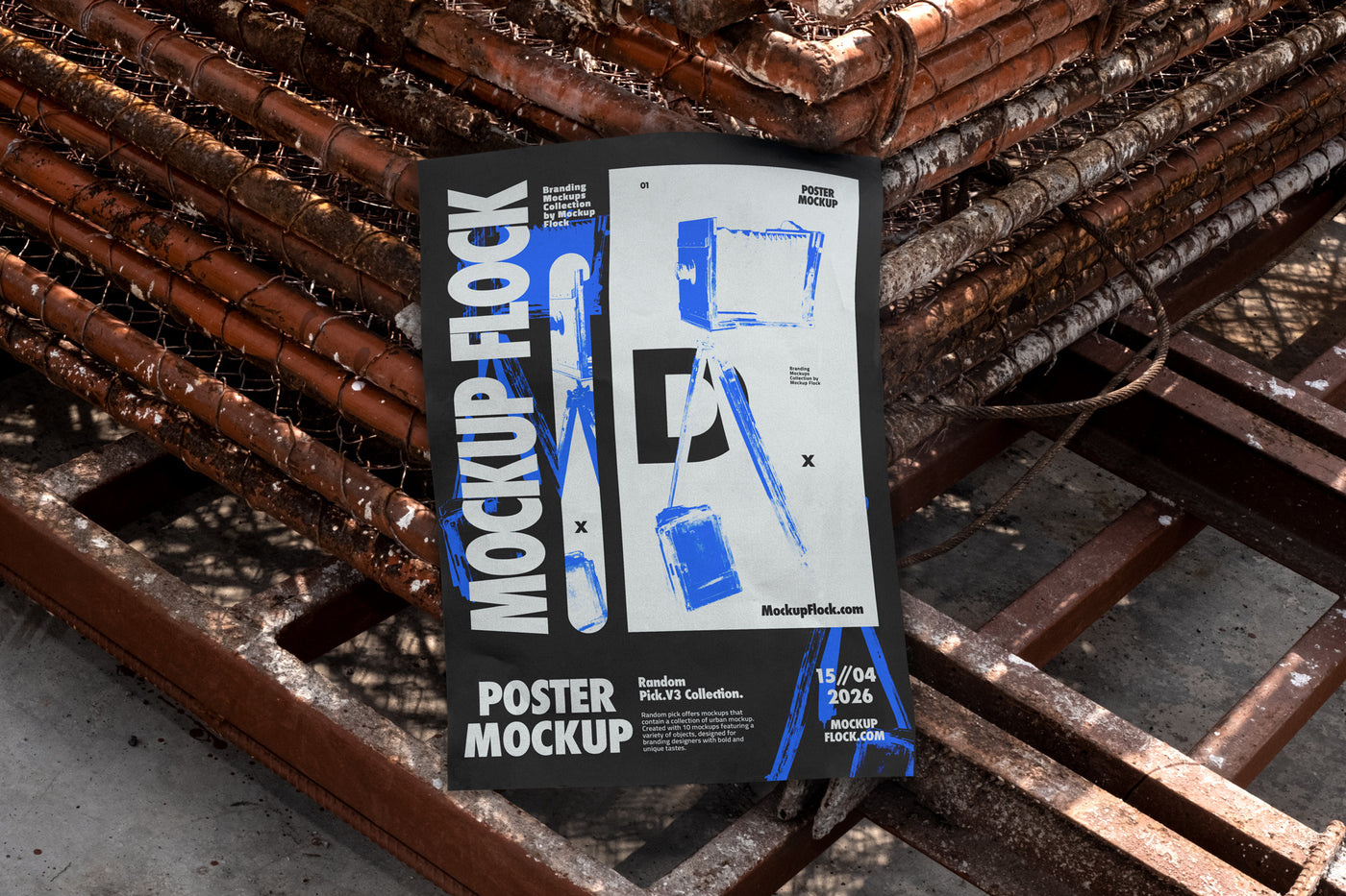 Unframed paper poster mockup lying flat on rusty industrial metal grates outdoors in bright daylight, bold black and blue graphic design, urban street style