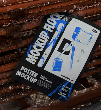 paper poster mockup lying flat on a pile of rusty rebar rods outdoors, bold black and white graphic design with blue accents, urban industrial street style