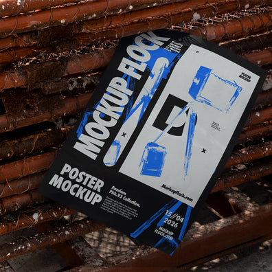 paper poster mockup lying flat on a pile of rusty rebar rods outdoors, bold black and white graphic design with blue accents, urban industrial street style