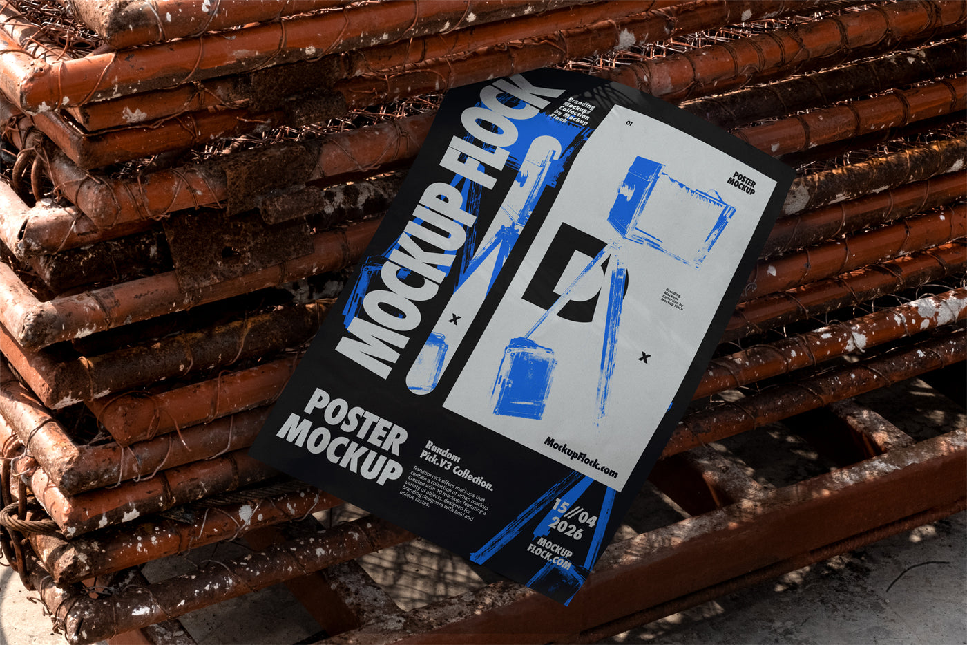 paper poster mockup lying flat on a pile of rusty rebar rods outdoors, bold black and white graphic design with blue accents, urban industrial street style