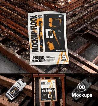 A poster mockup displayed on stacked wooden beams, with smaller views showing a phone mockup and a framed print mockup. The main poster features bold black and orange text reading 'MOCKUP BLOCK' and 'POSTER MOCKUP' with industrial graphic elements.